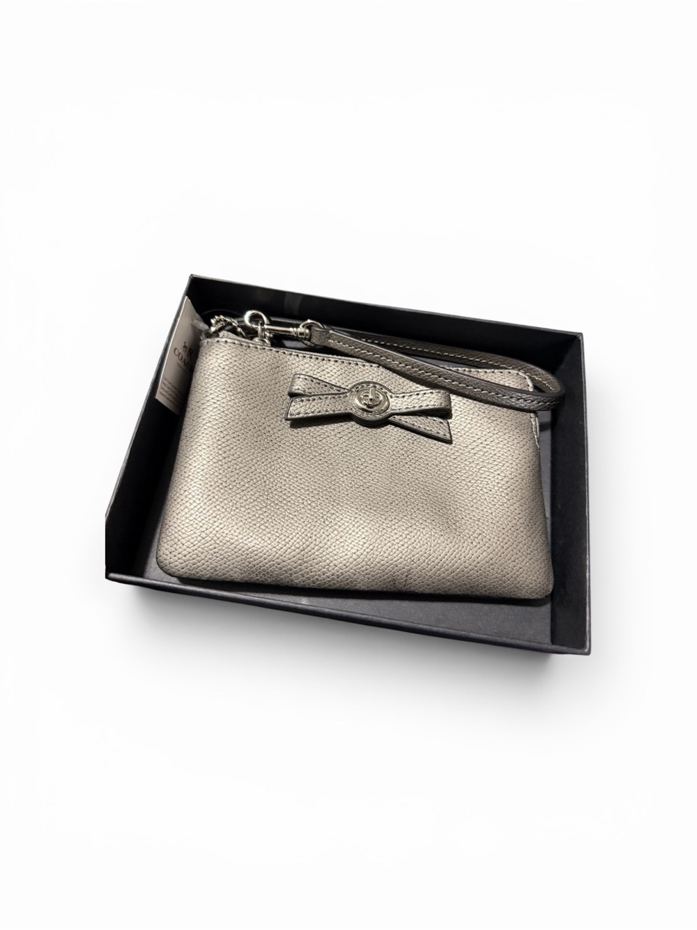 NWT Coach Metallic Leather Bow Wristlet | Pewter Silver | Gift Box Included - Picture 2 of 6
